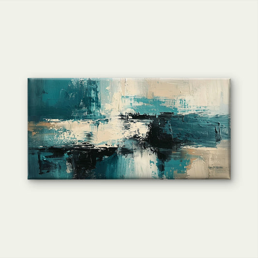 Modern Teal Blue Cream Textured Painting Wall Art Canvas Office Home Framed 120x60cm
