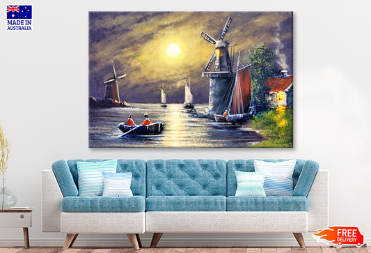 Windmill near Lake & Boats Night Sky Oil Painting Wall Art Limited Edition High Quality Print