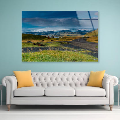 Green Grass Lands with Mountains Acrylic Glass Print Tempered Glass Wall Art 100% Made in Australia Ready to Hang