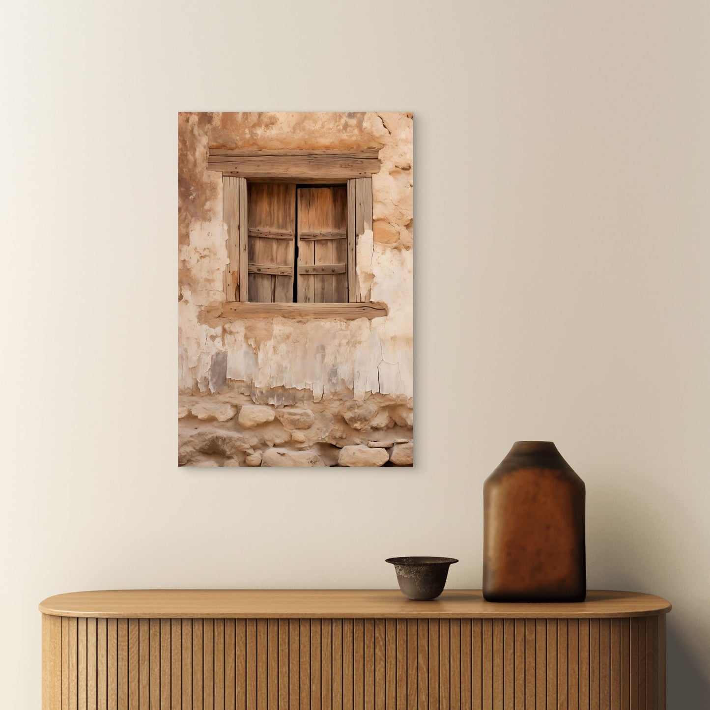 Rustic Wood Window Frame Antique Stone 40x60cm Metal Print Ready to Hang