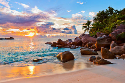 Seychelles Beach At Sunset Glass Framed Wall Art, Ready to Hang Quality Print