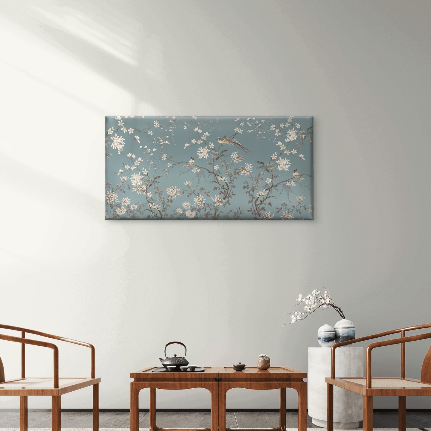 Blue Chinoiserie Bird Floral Wall Art Canvas Office Home Room Framed 120x60cm