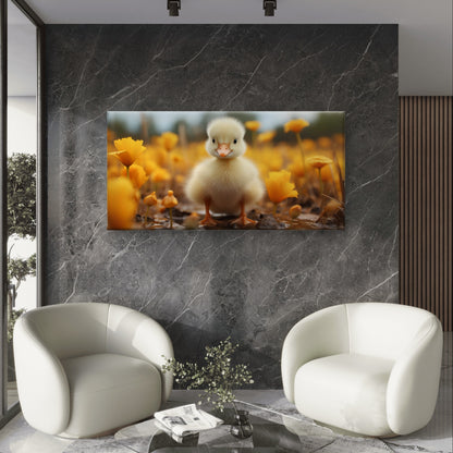 Fluffy Yellow Duckling Spring Flowers Meadow Wall Art Canvas Office Home Framed 120x60cm - Bella Home Decor