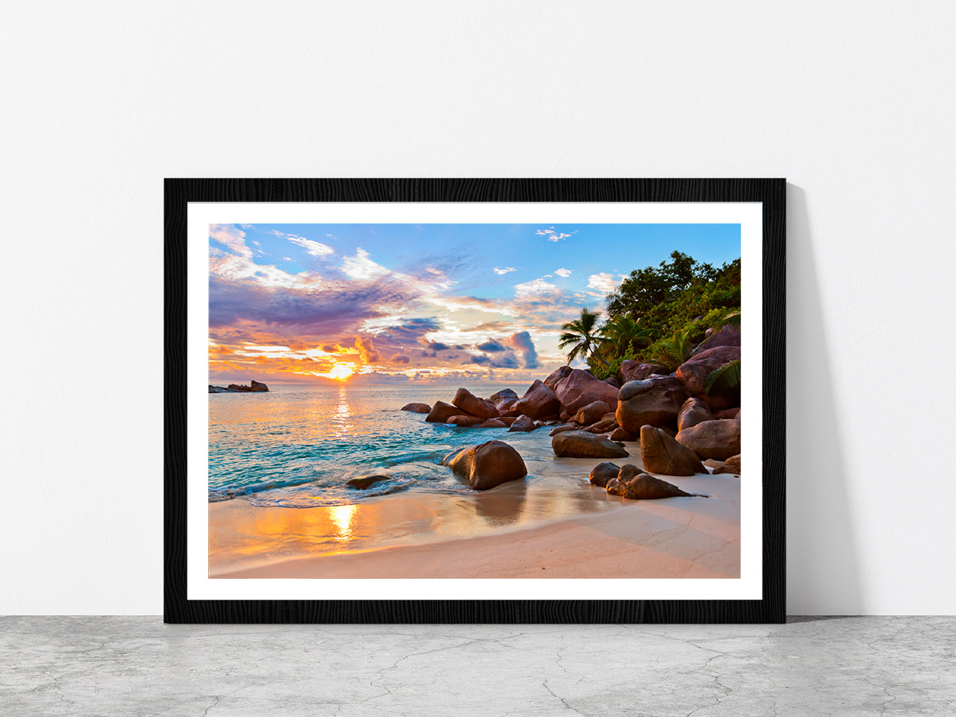 Seychelles Beach At Sunset Glass Framed Wall Art, Ready to Hang Quality Print With White Border Black