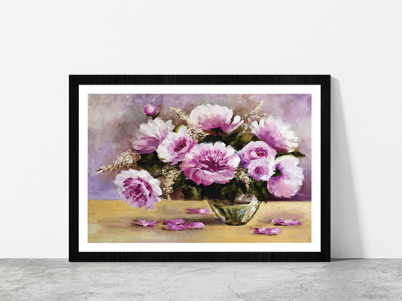 Flower Vase & Flower Petals Lay On The Table Glass Framed Wall Art, Ready to Hang Quality Print With White Border Black