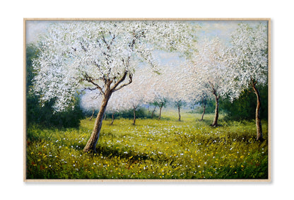 Spring Blossom Tree on Green Grass Field Painting Wall Art Limited Edition High Quality Print Canvas Box Framed Natural