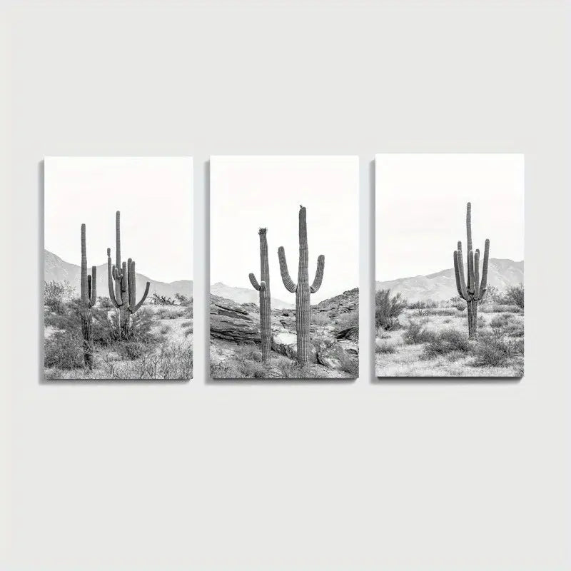3pcs Black & White Desert Cactus Wall Art Set Canvas Framed 60x90cm - High Quality Print 100% Australian Made Wall Canvas Ready to Hang - Bella Home Decor