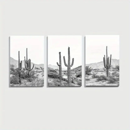 3pcs Black & White Desert Cactus Wall Art Set Canvas Framed 50x70cm - High Quality Print 100% Australian Made Wall Canvas Ready to Hang - Bella Home Decor