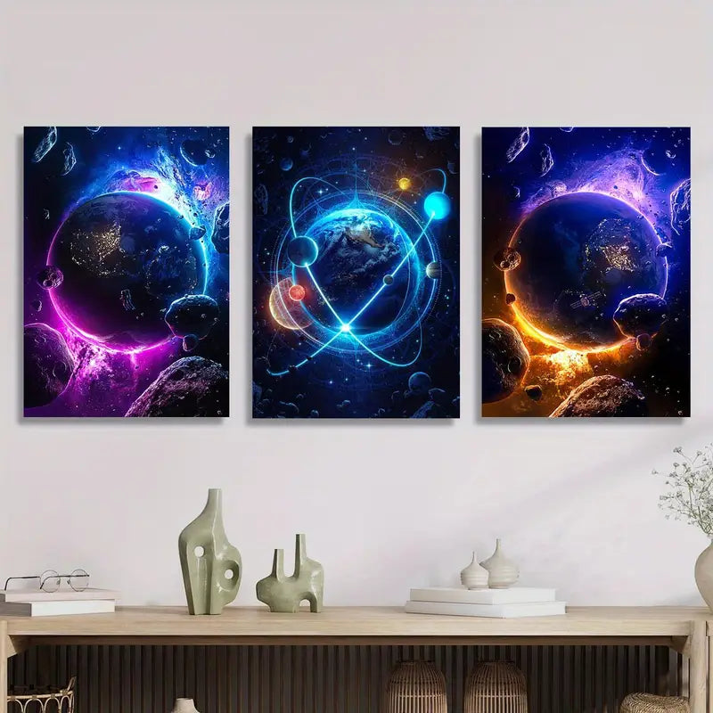 3pcs Glowing Planet Art Metal Print Ready to Hang Art - Bella Home Decor