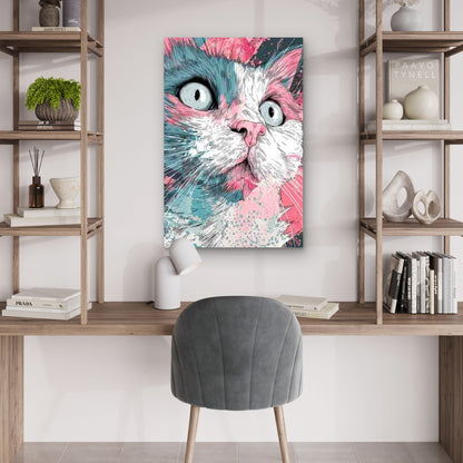Large-Eyed Pop Art Cat Painting 60x90cm Metal Print Ready to Hang - Bella Home Decor