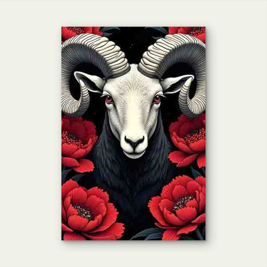 Sheep'S Head with Large Curved Horns And Red Eyes 60x90cm Metal Print Ready to Hang