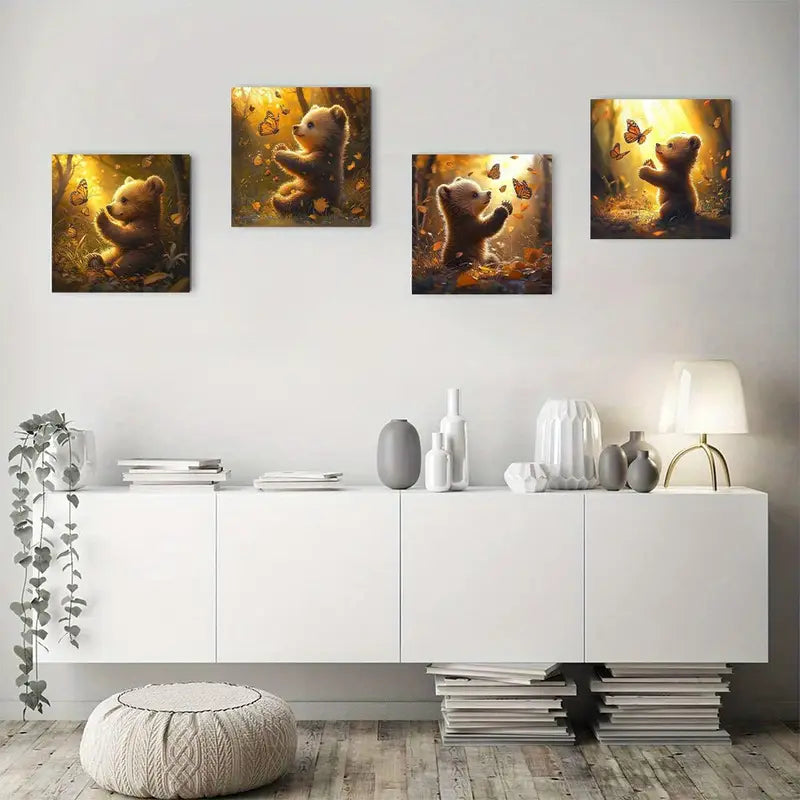 4pcs  Bear Butterfly Poster Modern Wall Art Canvas Framed