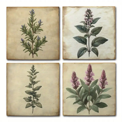 4pcs Green Leaves & Purple Flowers Wall Art Canvas Framed