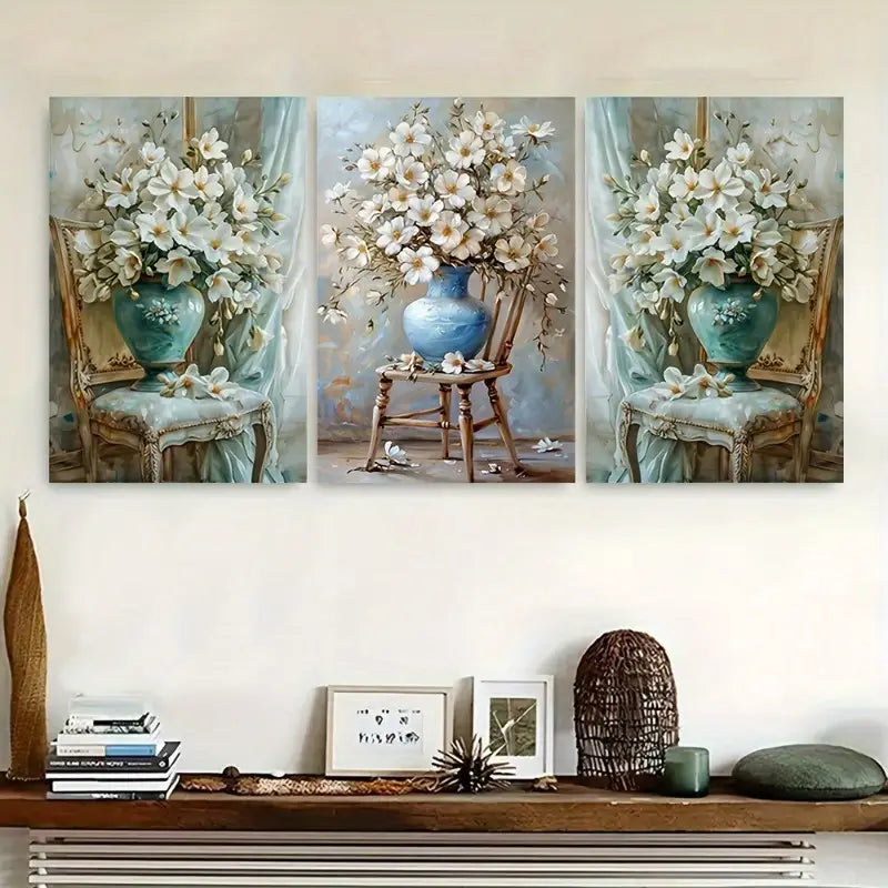 3pcs Featuring A Flower Bouquet On A Chair Metal Print Ready to Hang Art