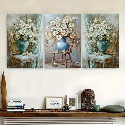 3pcs Featuring A Flower Bouquet On A Chair Metal Print Ready to Hang Art