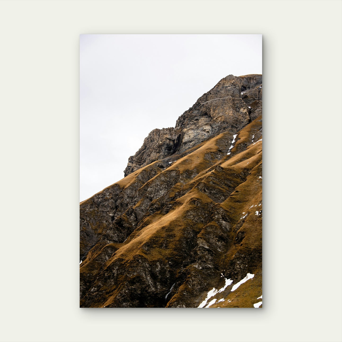 Rocky Mountain Slope With Dry Grass And Snow 40x60cm Metal Print Ready to Hang