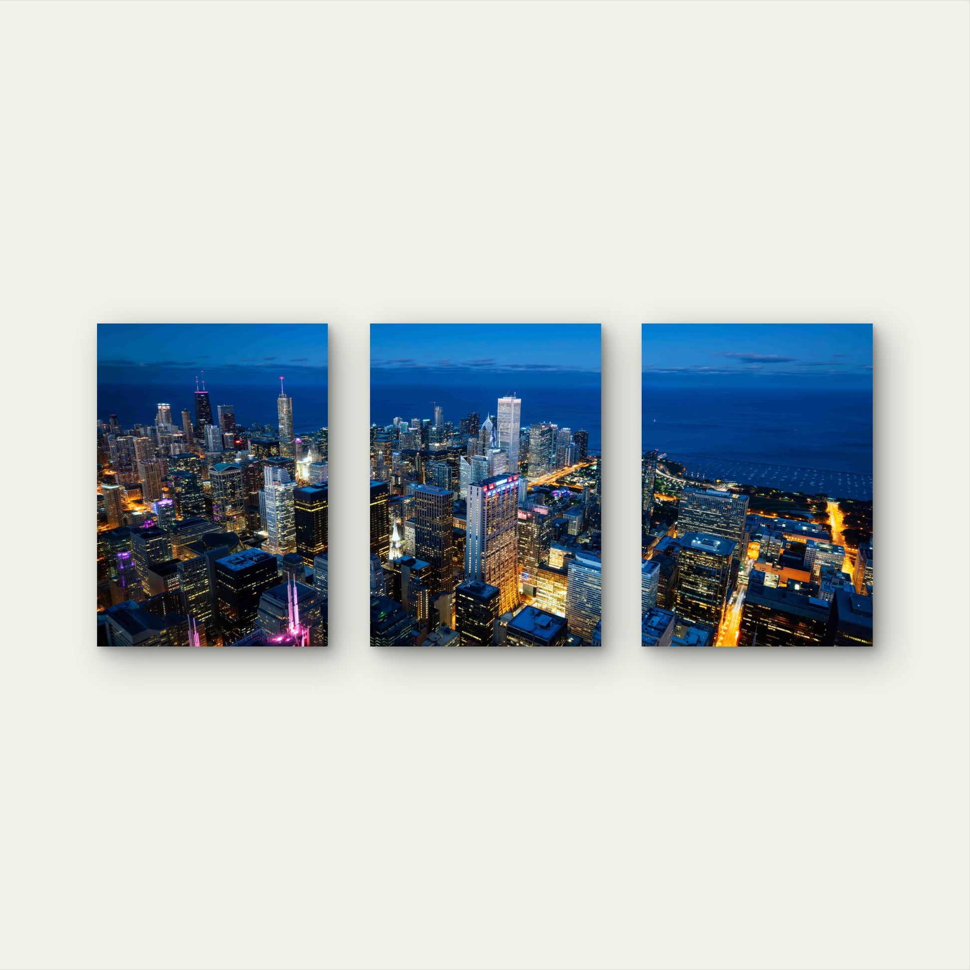 3pcs View Chicago Skyline Lake By Night USA Metal Print Ready to Hang Art