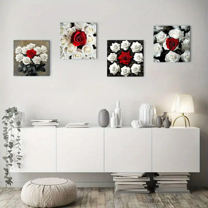 4pcs Red Roses On Black & White Background Wall Art Canvas Framed