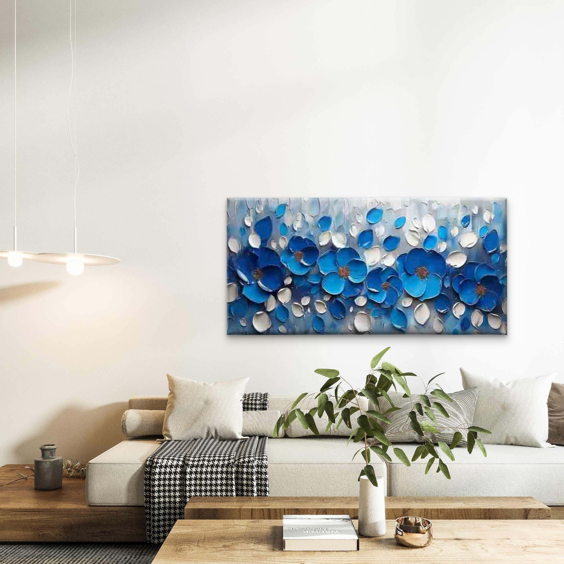 Abstract Blue Floral Petals Wall Art Canvas Office Home Room Framed 120x60cm - Bella Home Decor