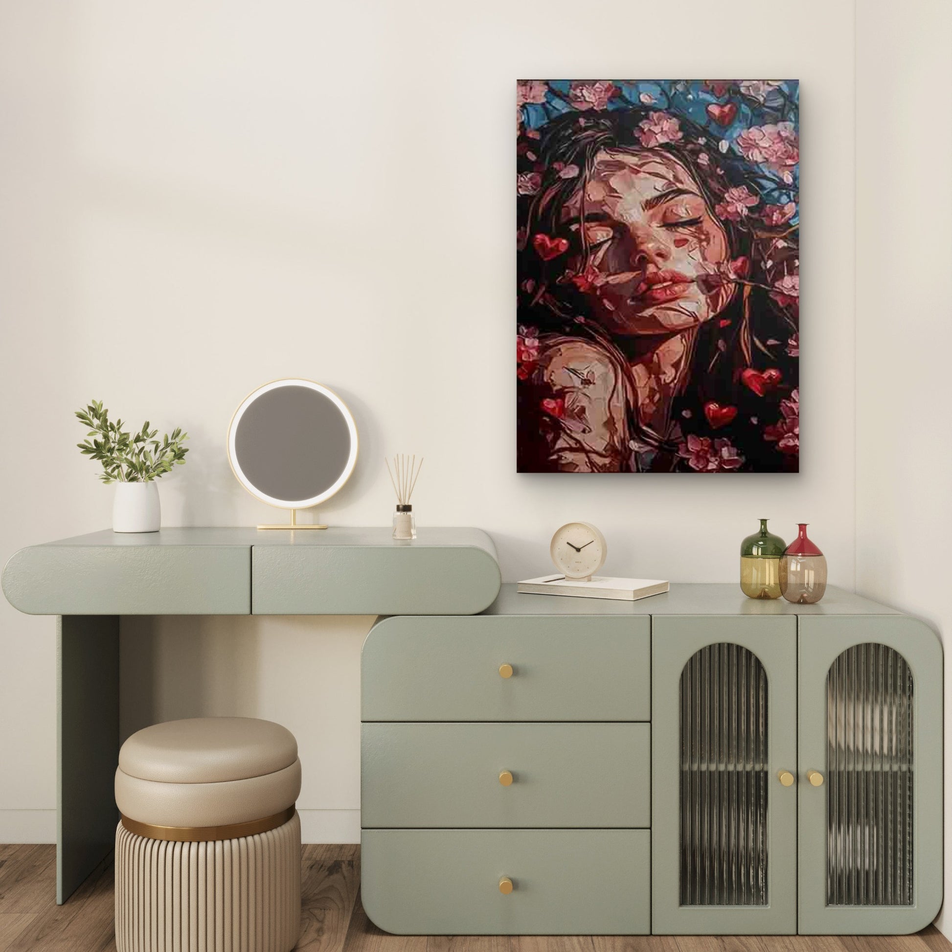Dreamy Woman with Cherry Blossoms & Hearts Metal Print Ready to Hang - Bella Home Decor