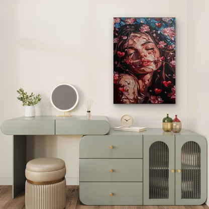 Dreamy Woman with Cherry Blossoms & Hearts Metal Print Ready to Hang - Bella Home Decor