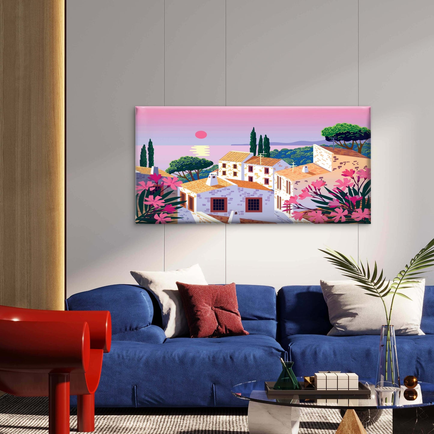Mediterranean Sunset Over Ston Wall Art Canvas Office Home Room Framed 120x60cm