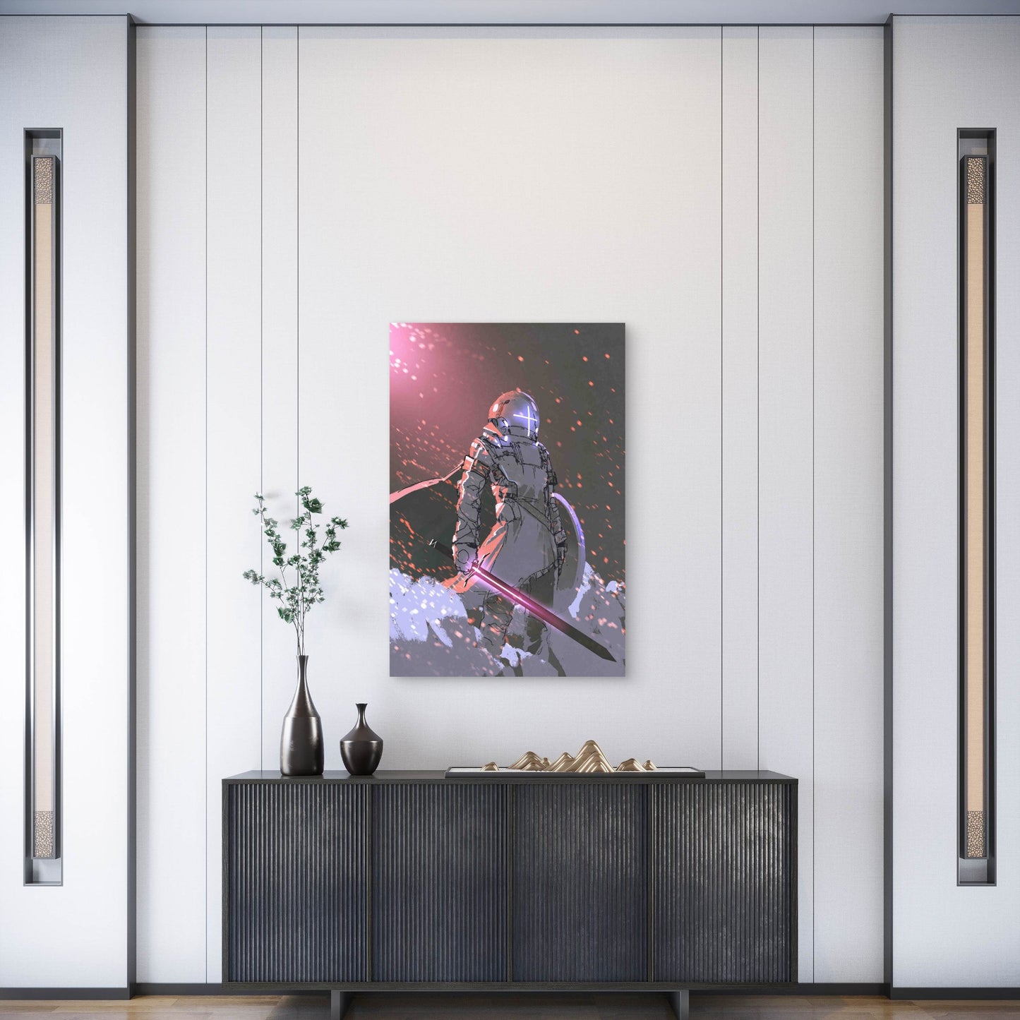 Futuristic Knight with Glowing Sword Metal Print Ready to Hang