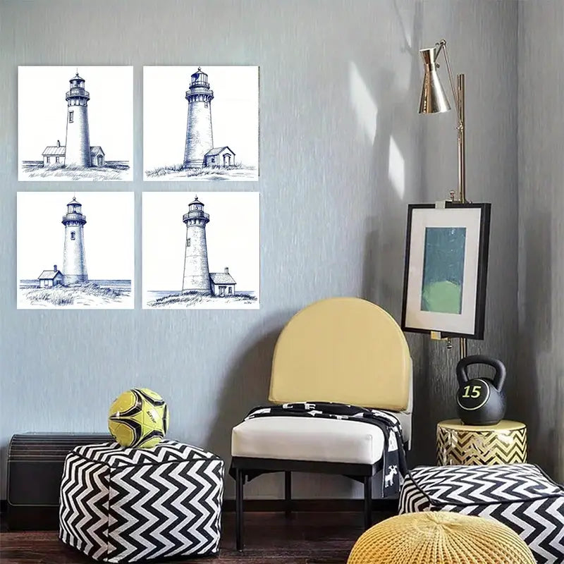4pcs  Modern Abstract Nautical Lighthous  Wall Art Canvas Framed