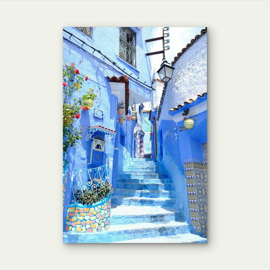 Vibrant Scene in Chefchaouen, Morocco 60x90cm Metal Print Ready to Hang