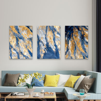 3pcs Abstract Gold Feather Navy Blue   Wall Art Set Canvas Framed 50x70cm - High Quality Print 100% Australian Made Wall Canvas Ready to Hang
