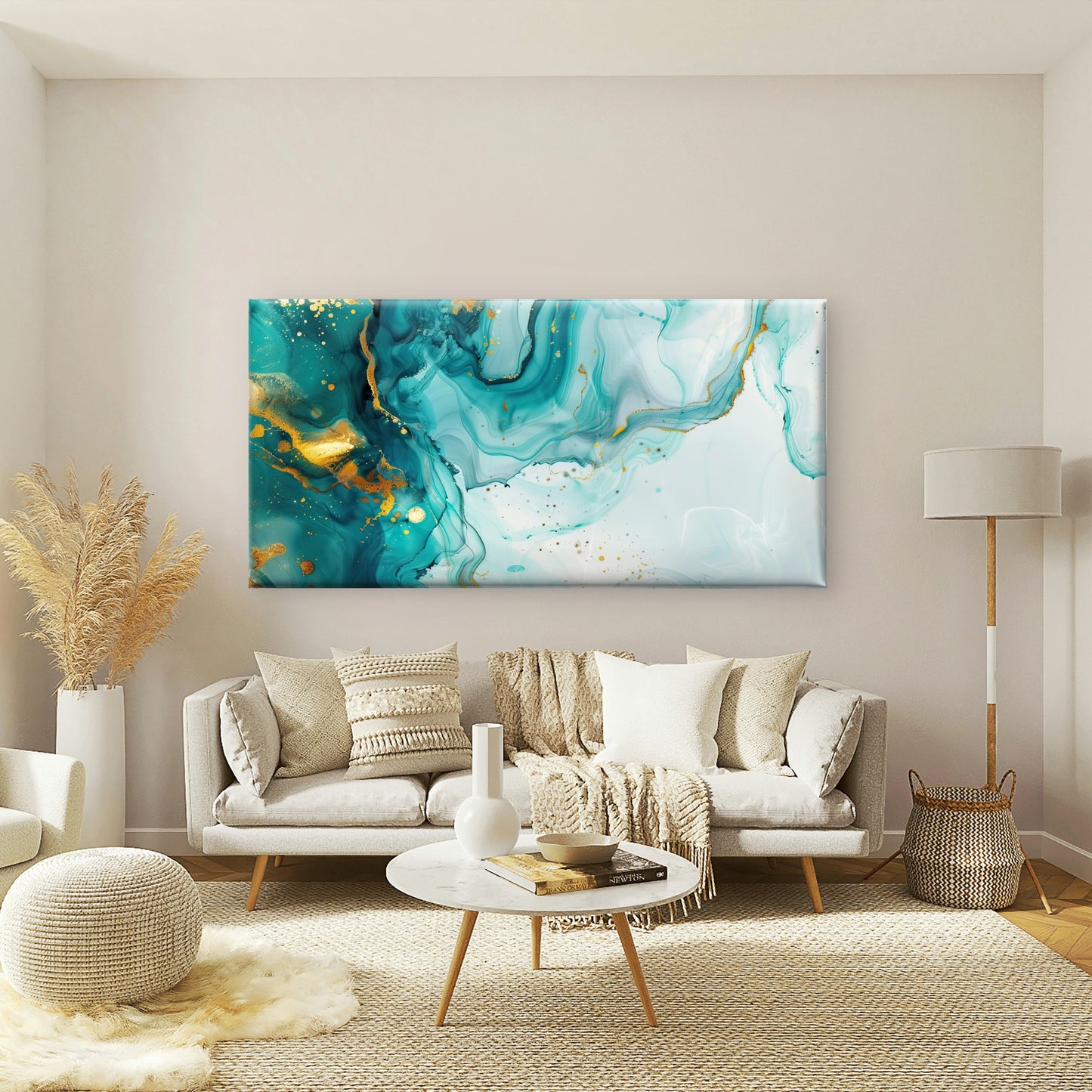 Teal Waves Gold Speck Wall Art Canvas Office Home Room Framed 120x60cm