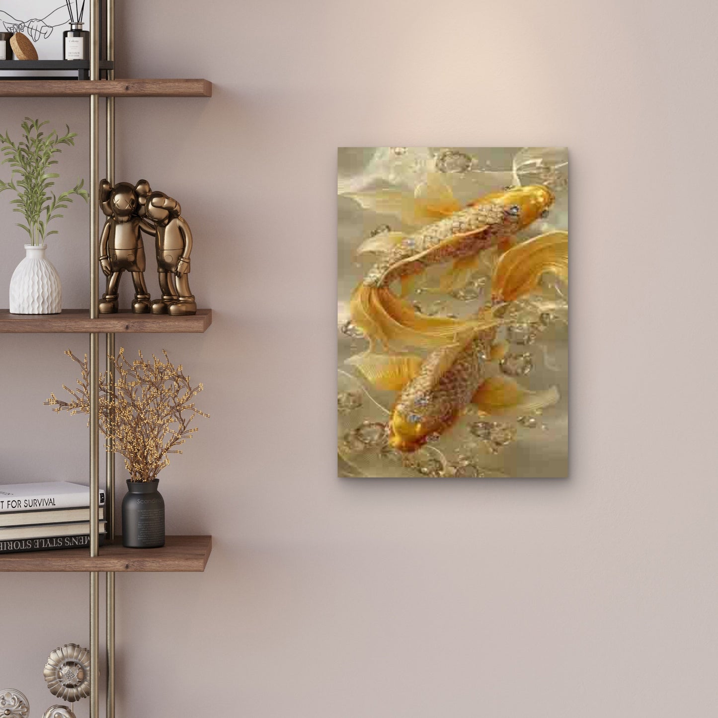 Twin Koi Fish Diamond Accent Water Art Metal Print Ready to Hang - Bella Home Decor