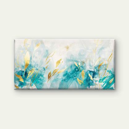 Teal Currents Gilded Leaves Wall Art Canvas Office Home Room Framed 120x60cm - Bella Home Decor