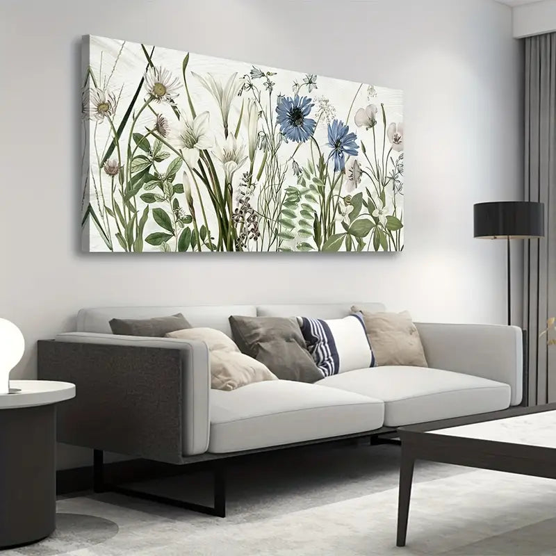 Botanical Wildflower Green Blue Wall Art canvas office home room framed 120x60cm - Bella Home Decor