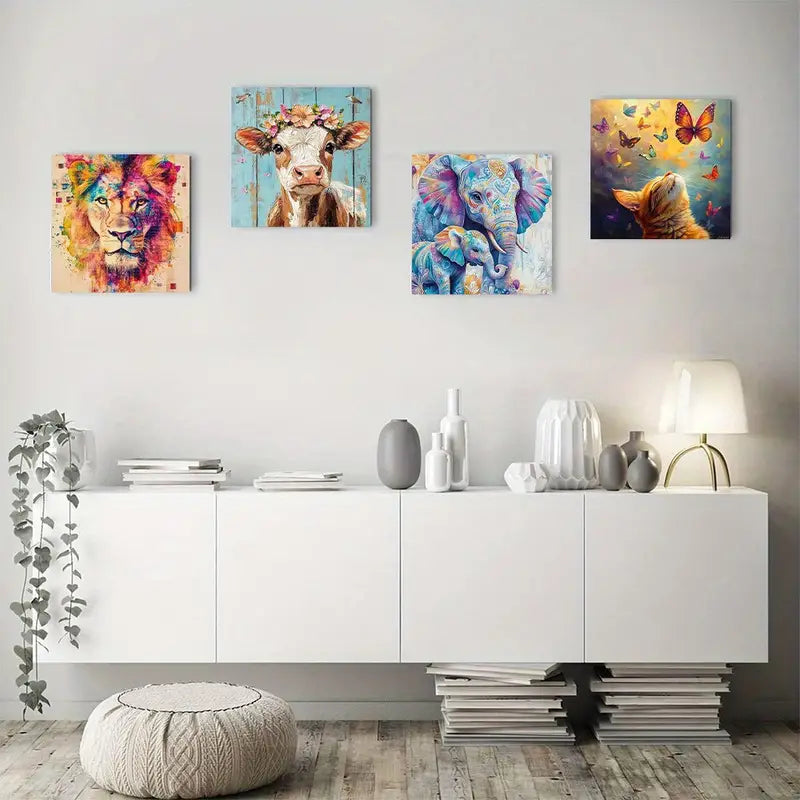 4pcs Colorful Animal Butterfly Elegant  CE   Wall Art Canvas Framed