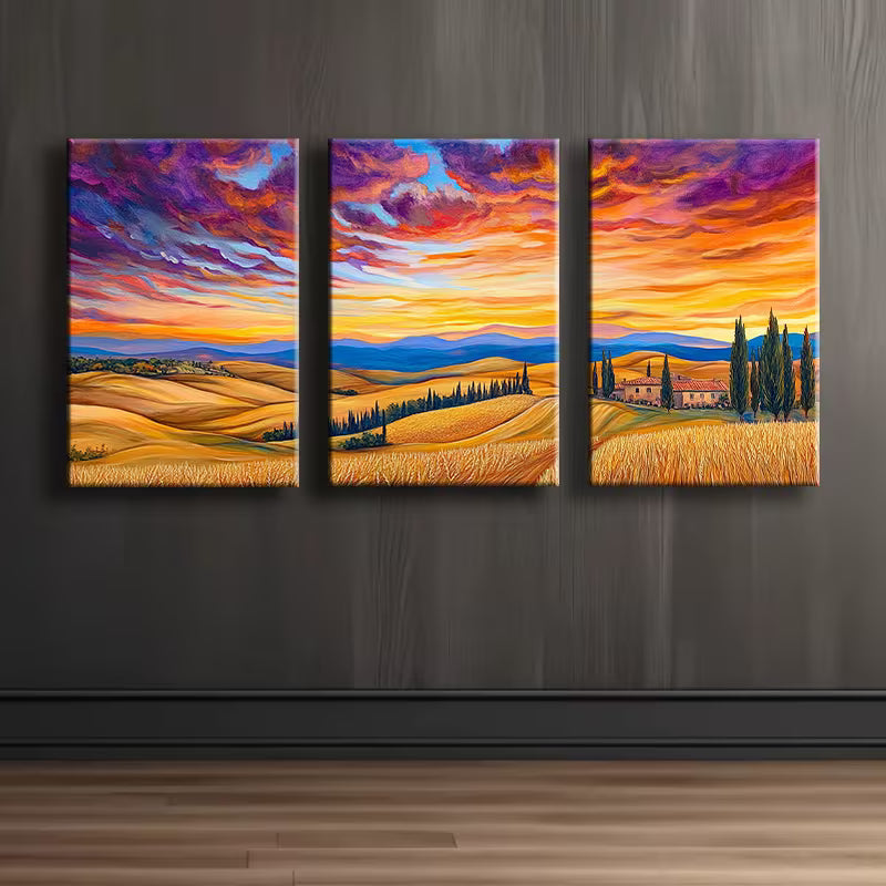 3pcs Sunset Landscape Fields Wall Art Set Canvas Framed 40x60cm - High Quality Print 100% Australian Made Wall Canvas Ready to Hang