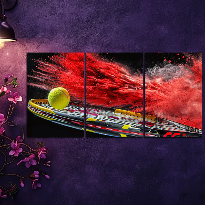 3pcs yellow tennis ball impacting a racket Wall Art Set Canvas Framed 40x60cm - High Quality Print 100% Australian Made Wall Canvas Ready to Hang