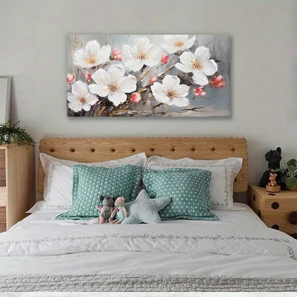 Abstract Blooming Flowers Elegant White & Golden Floral Wall Art canvas office home room framed 120x60cm - Bella Home Decor