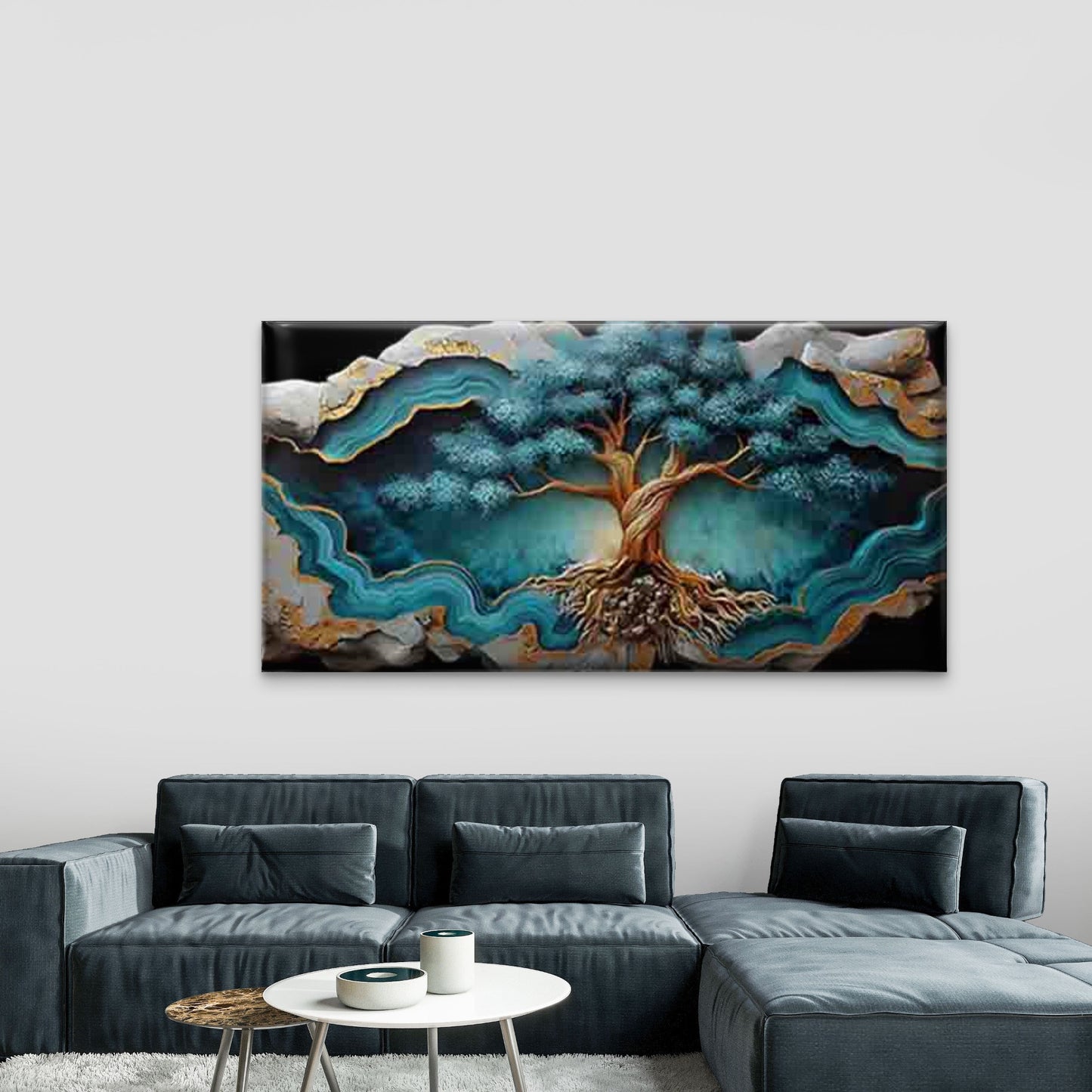 Blue Tree Growing Among Agate Wall Art Canvas Office Home Room Framed 120x60cm - Bella Home Decor