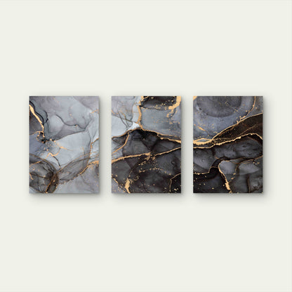 3pcs Black and Gold Marble Pattern Metal Print Ready to Hang Art - Bella Home Decor