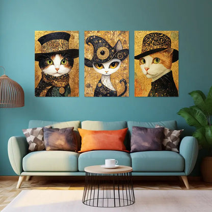 3pcs Golden Hat Vintage Cats Metal Print Ready to Hang Art - Bella Home Decor