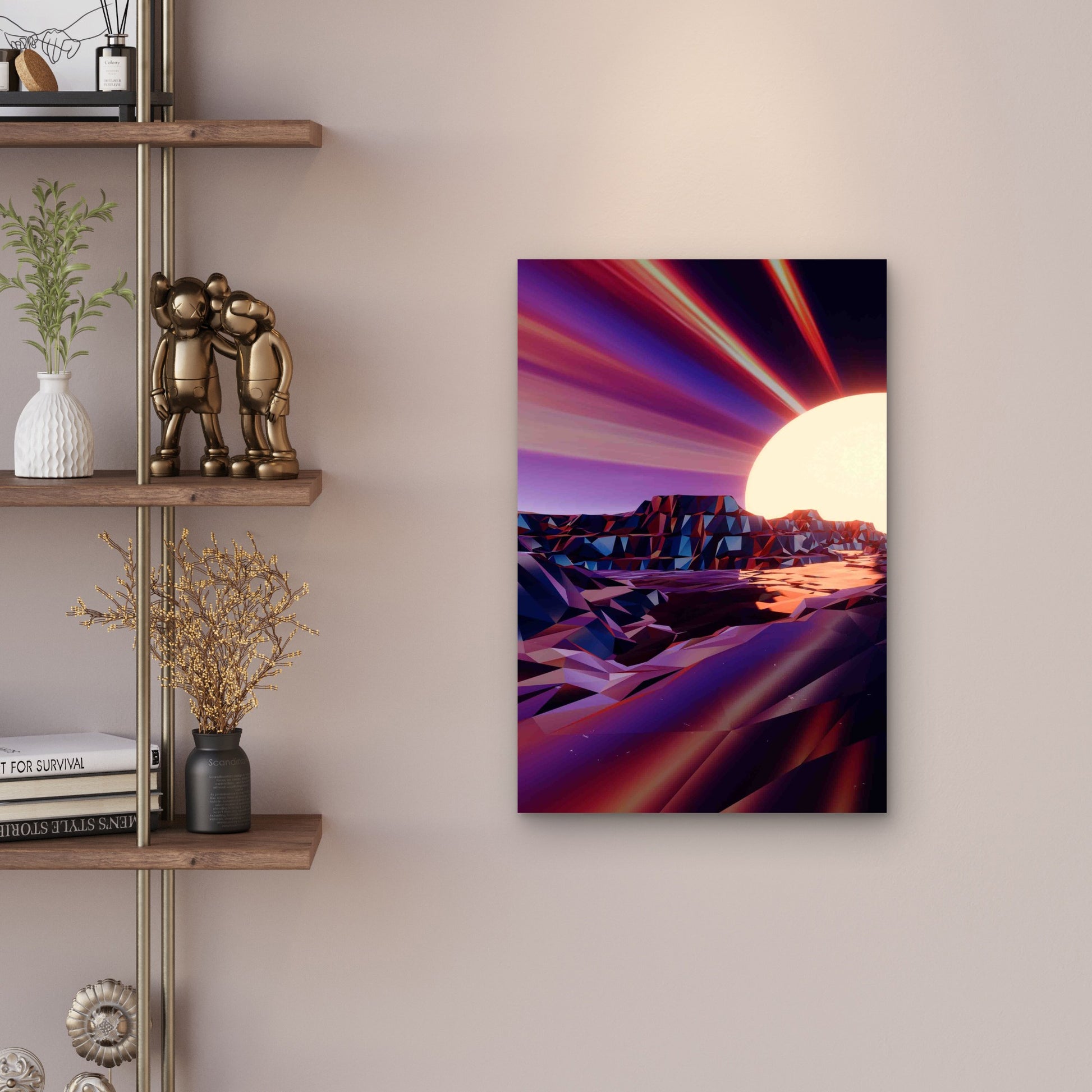 Retro Synthwave Low-Poly Desert Sunset Metal Print Ready to Hang - Bella Home Decor