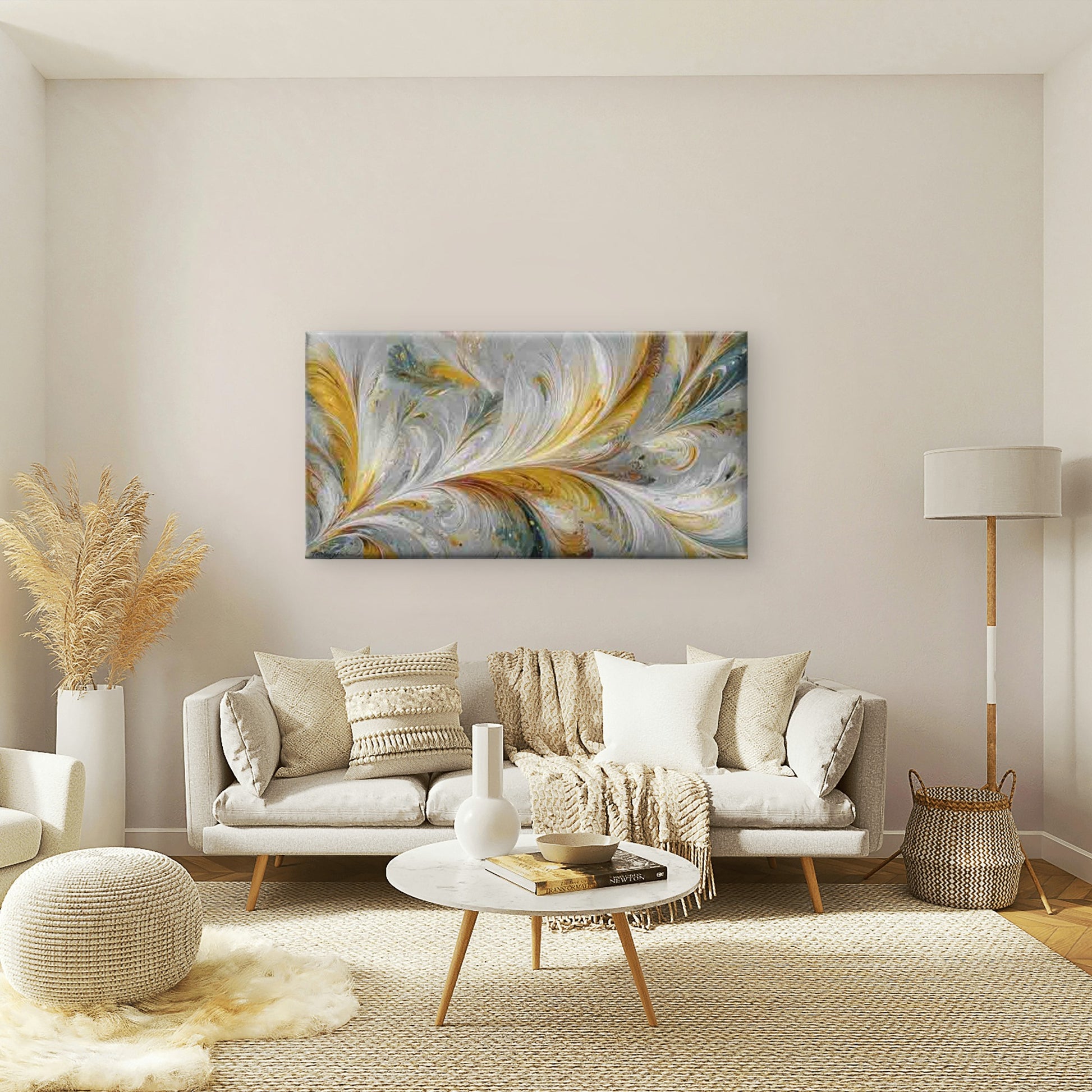 Yellow Blue White Swirls Wall Art Canvas Office Home Room Framed 120x60cm - Bella Home Decor