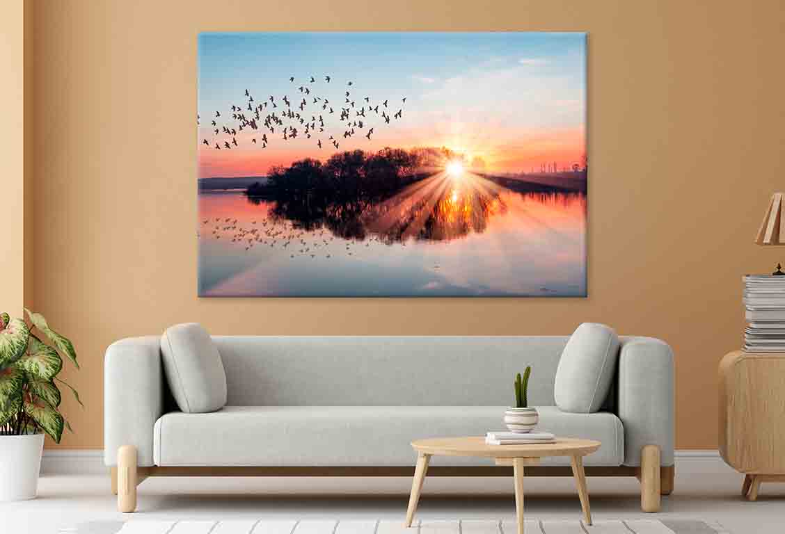 Birds Flying Above Lake at Sunset Wall Art Decor 100% Australian Made - Bella Home Decor