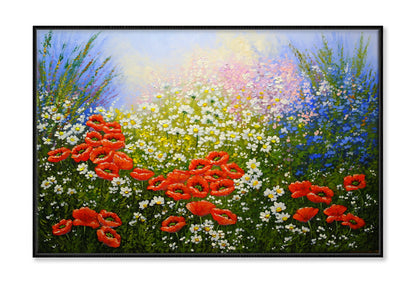 White Flowers & Red Poppies Field Oil Painting Wall Art Limited Edition High Quality Print Canvas Box Framed Black