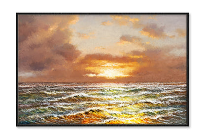 Waves on the Sea & Sunset Sky Oil Painting Wall Art Limited Edition High Quality Print Canvas Box Framed Black