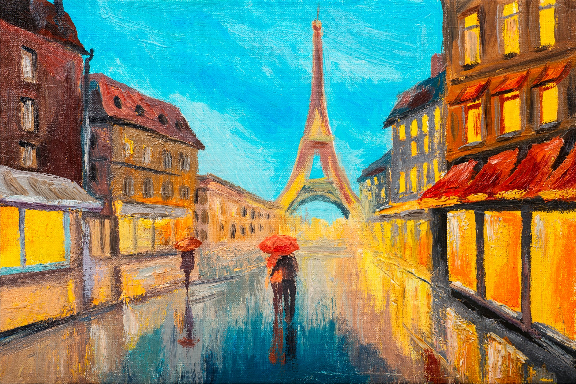 Eiffel Tower & Couple In A Street Glass Framed Wall Art, Ready to Hang Quality Print