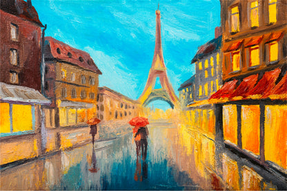 Eiffel Tower & Couple In A Street Glass Framed Wall Art, Ready to Hang Quality Print