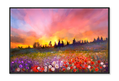 Daisy Flowers In Fields, Sunset Meadow Oil Painting Wall Art Limited Edition High Quality Print Canvas Box Framed Black