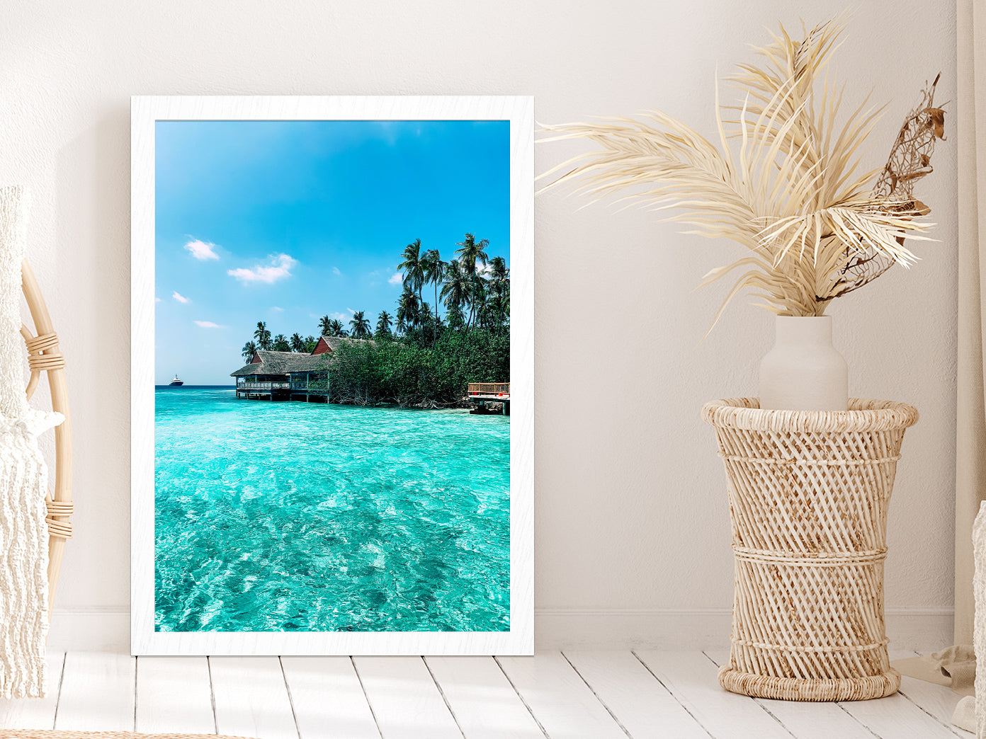 Indian Ocean & Villa Beach Photograph Glass Framed Wall Art, Ready to Hang Quality Print Without White Border White